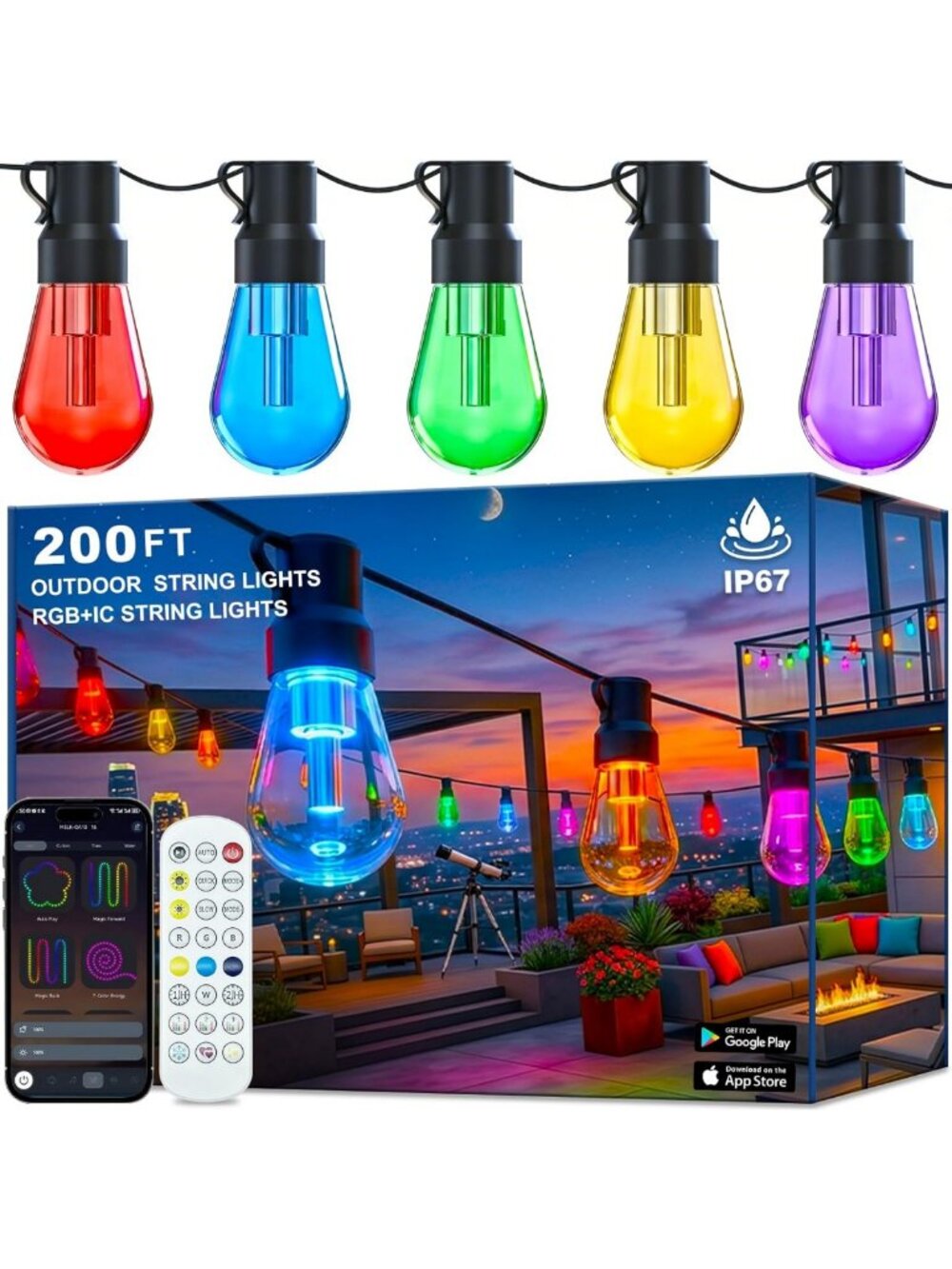 Outdoor String Lights,200FT Smart RGB+IC Patio Lights with Shatterproof LED
